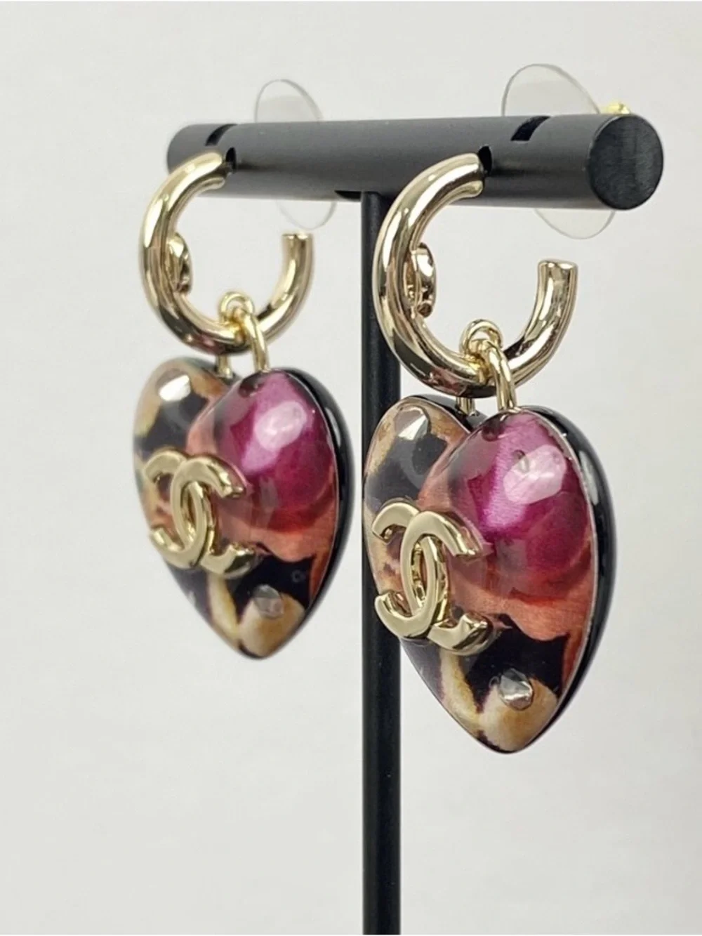 CHANEL Gold-Tone Hoop Earrings with Pink and Black Heart Drops